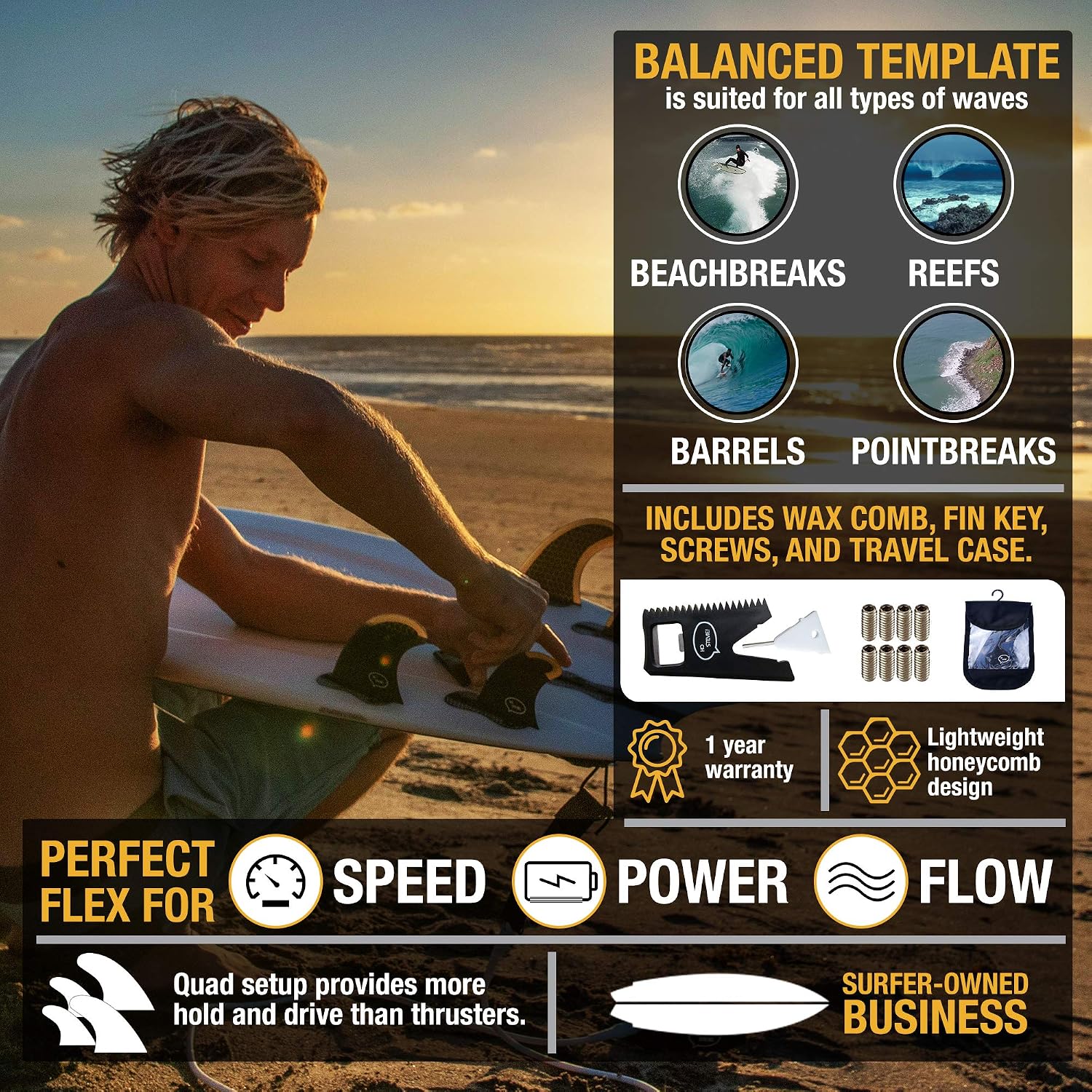 Ho Stevie! Quad (4) Surfboard Fins - High Performance HexCore - Built for Speed and Drive - [Choose Base] with Fin Key